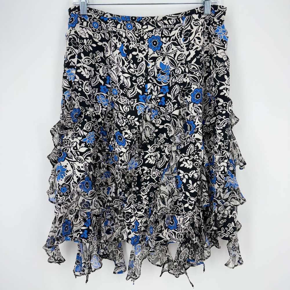 INC International Concepts 100% Silk Floral Ruffle Handkerchief Hem Skirt Blue 8
